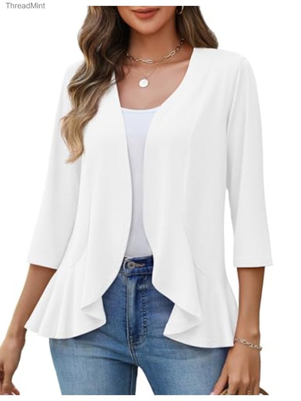 Lightweight Ruffled Open Front Cardigan 3/4 Sleeve Coverup